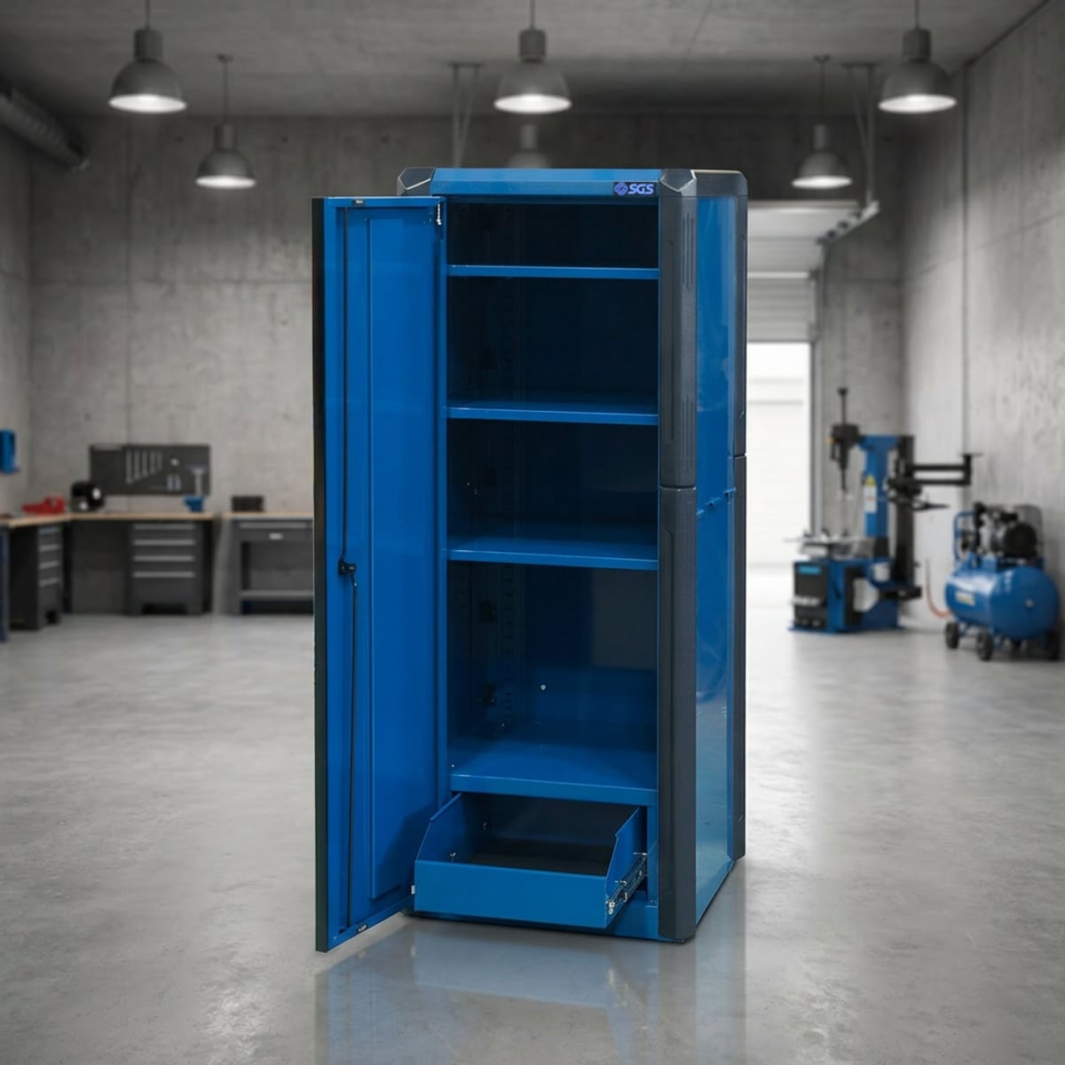 SGS 44in Roller Cabinet with Top Hutch and Side Cabinet- 10 Drawers- Blue